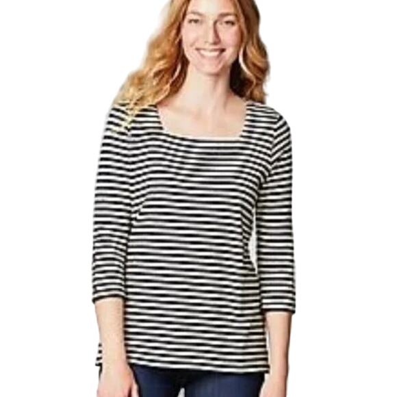 J. Jill Tops - J. Jill Striped Square Neck Knit Top Navy White Size L Sleeve Buttons Nautical